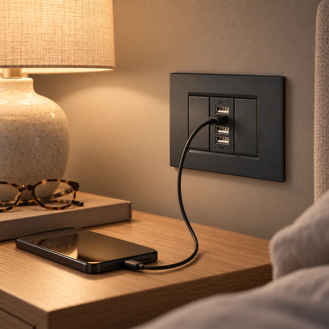 i-socket nero sul comodino: smartphone in carica durante la notte