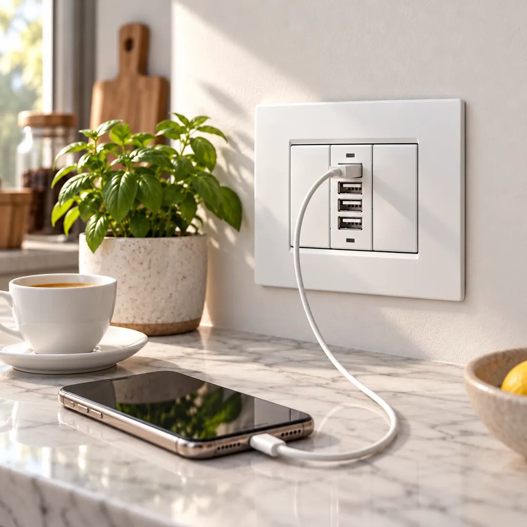 i-socket bianco in cucina: uno smartphone in carica sul piano di lavoro