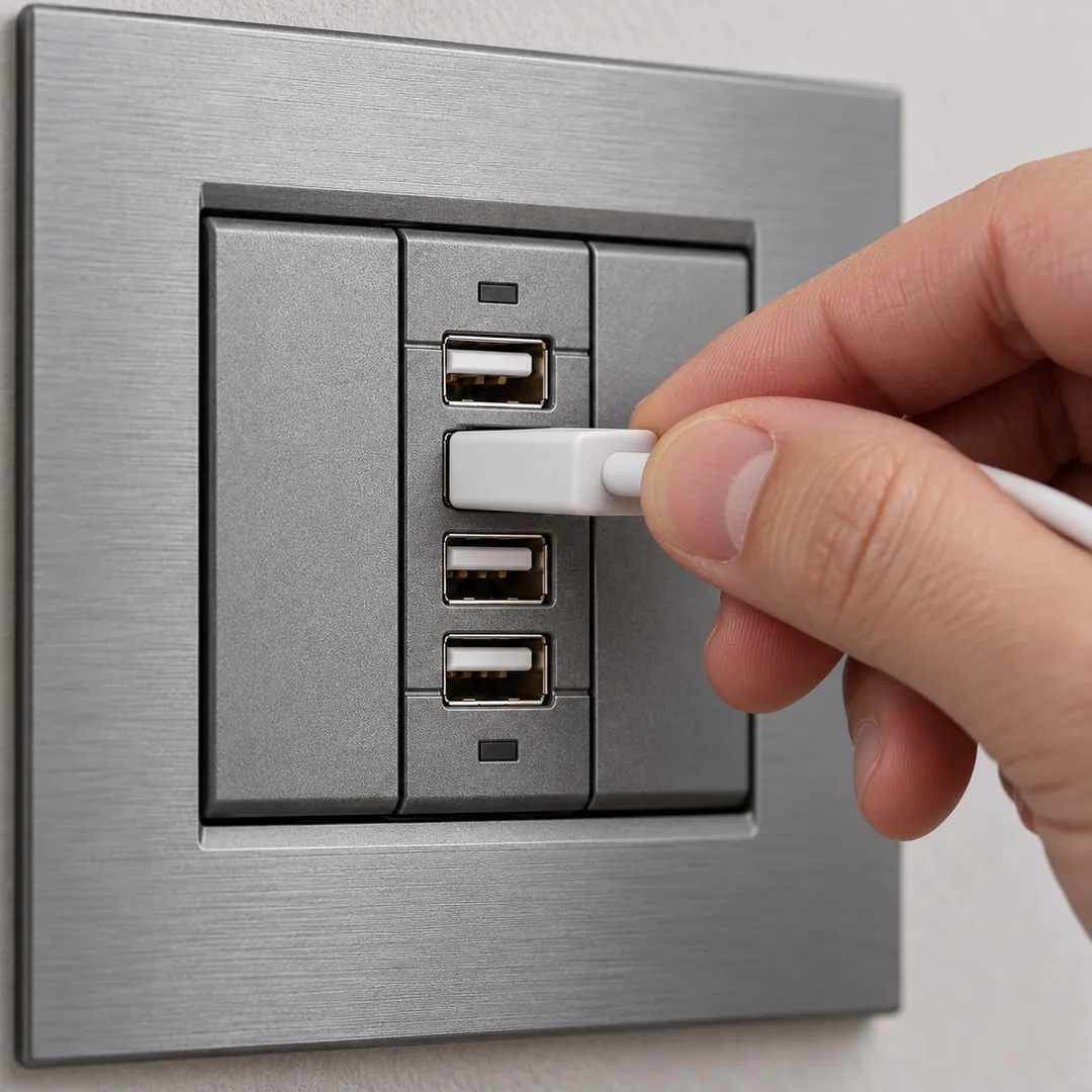 Dettaglio delle quattro porte USB-A di i-socket con un cavo inserito