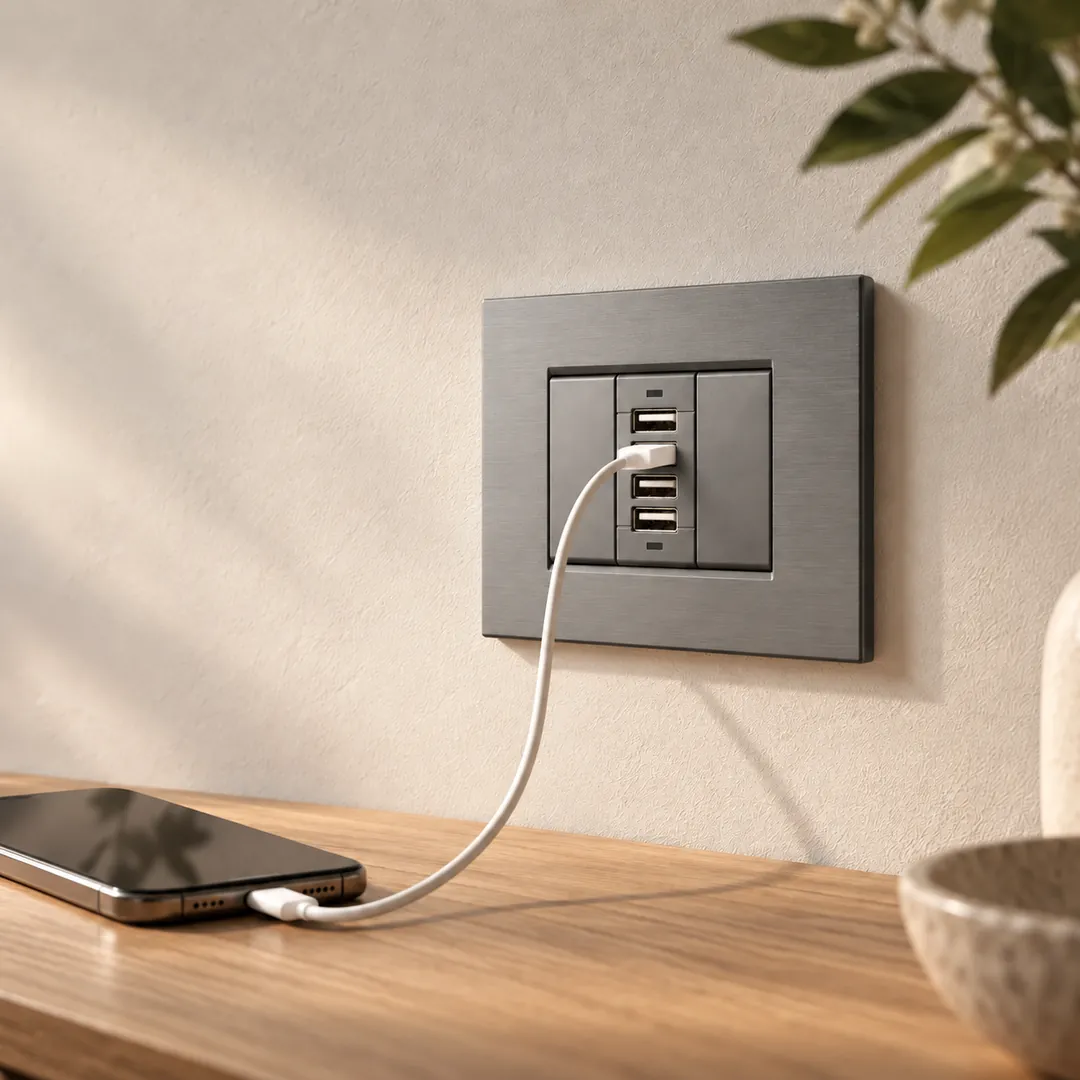 i-socket in alluminio in soggiorno con smartphone in carica sulla credenza