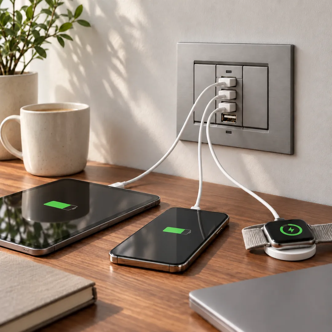 i-socket in alluminio in ufficio: tablet, smartphone e smartwatch in carica insieme